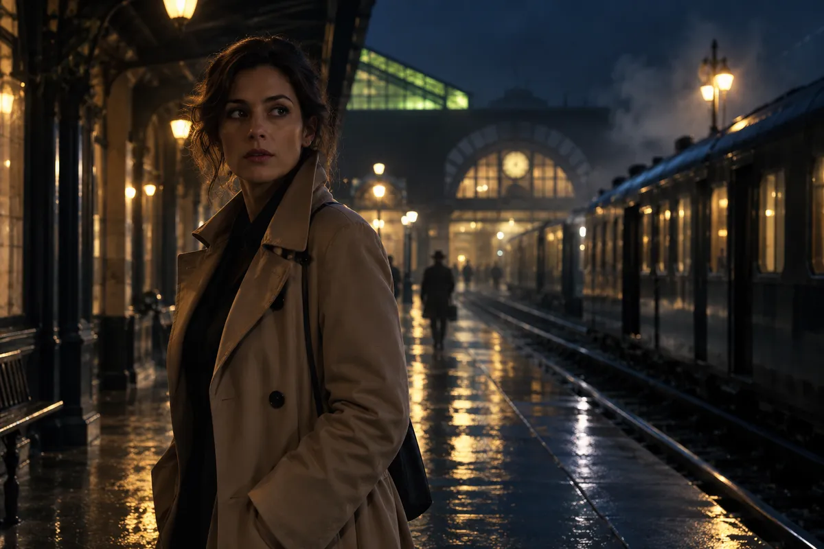 Cena fictícia de suspense com uma mulher em uma estação ferroviária à noite.