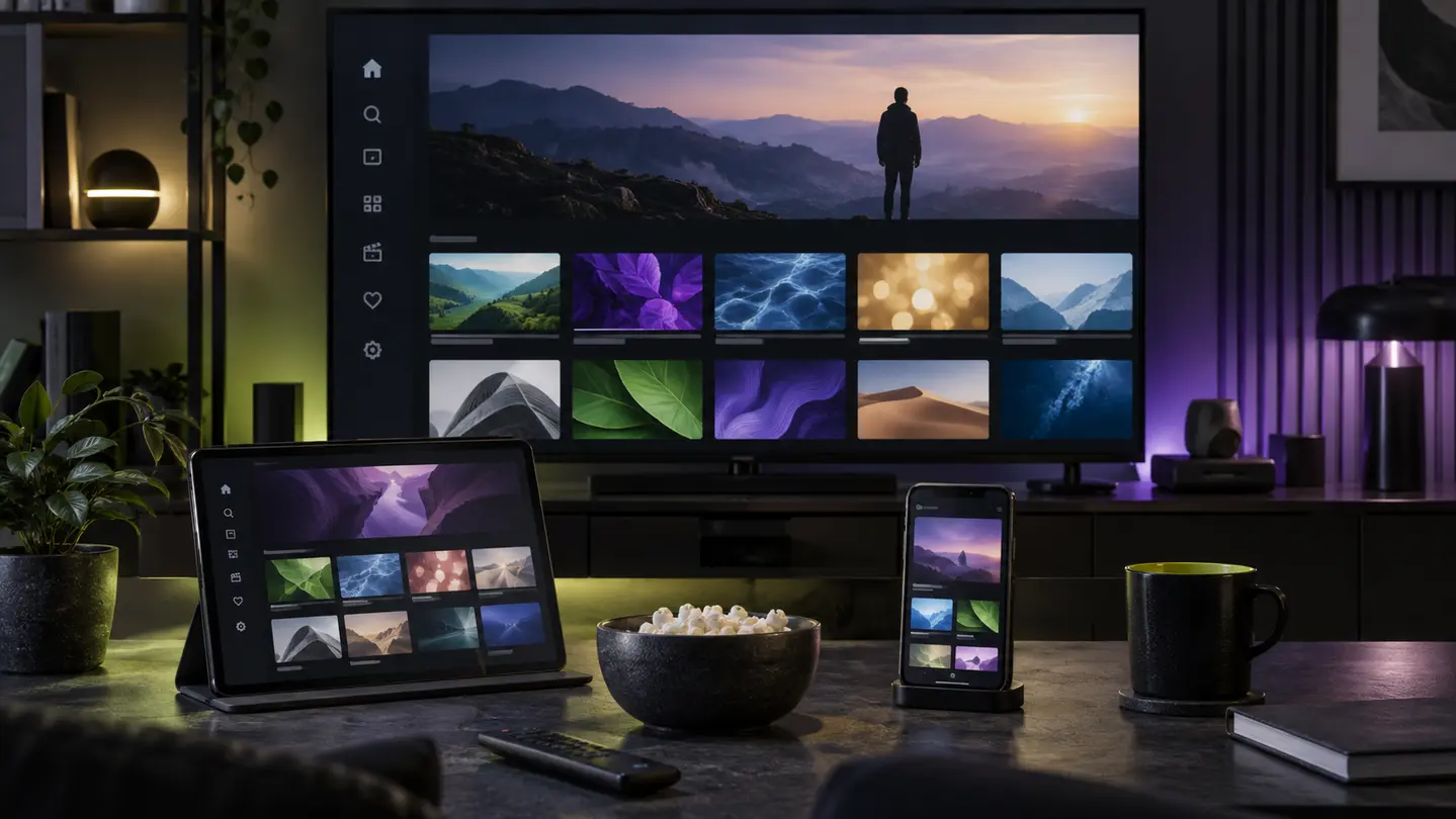 Aplicativos IPTV exibidos em uma televisão, tablet e celular
