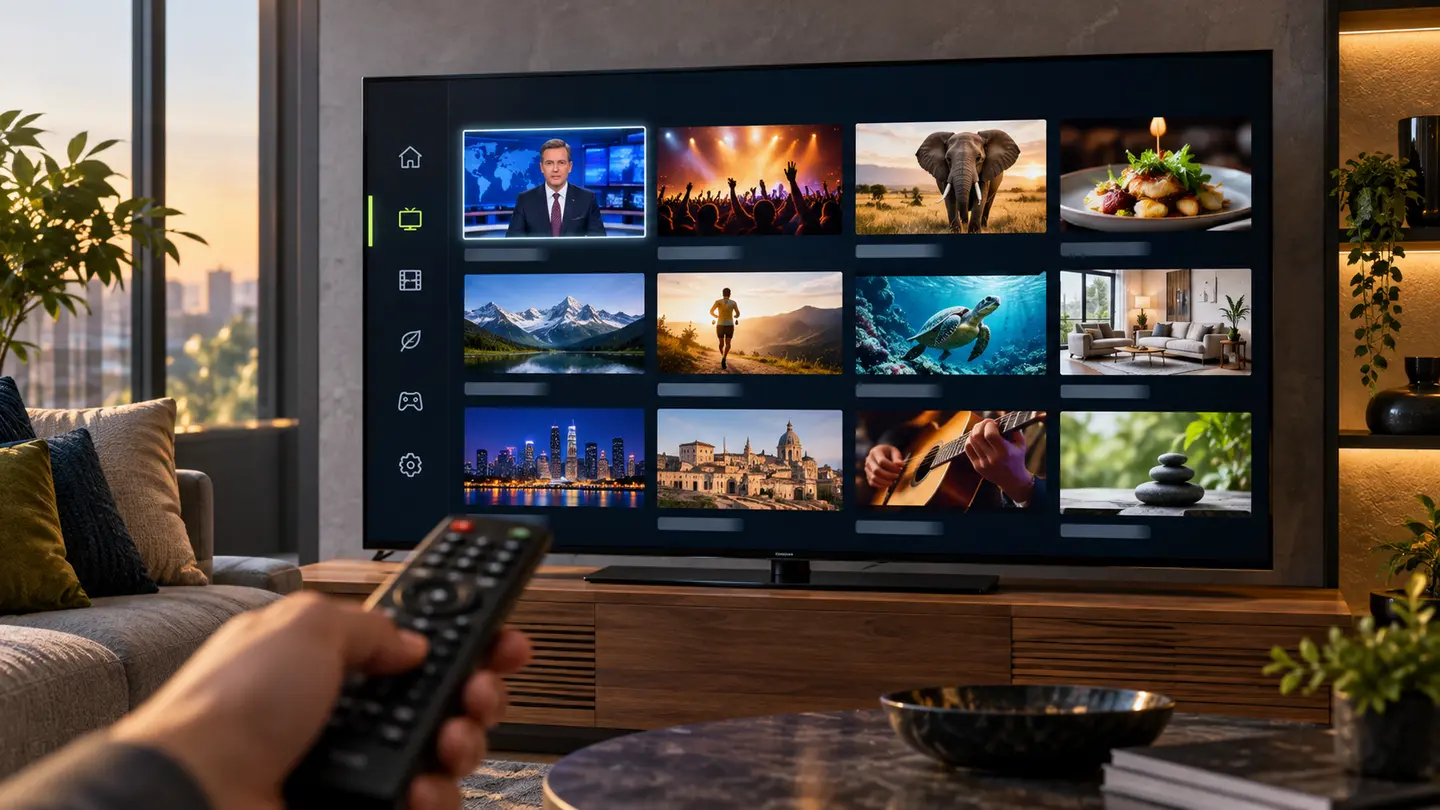 Televisão com grade ilustrativa de canais ao vivo IPTV