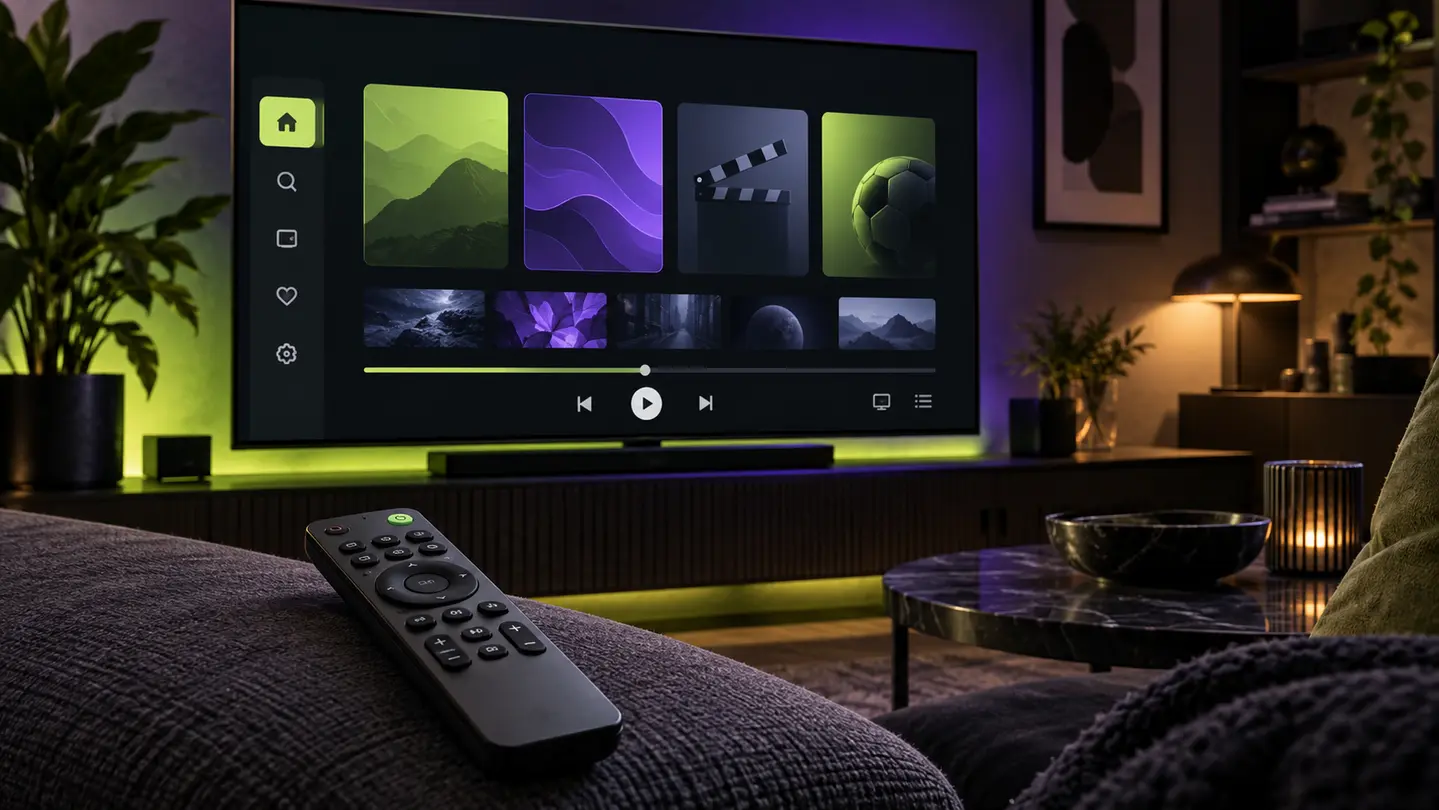 Interface ilustrativa de player IPTV em uma televisão com controle remoto