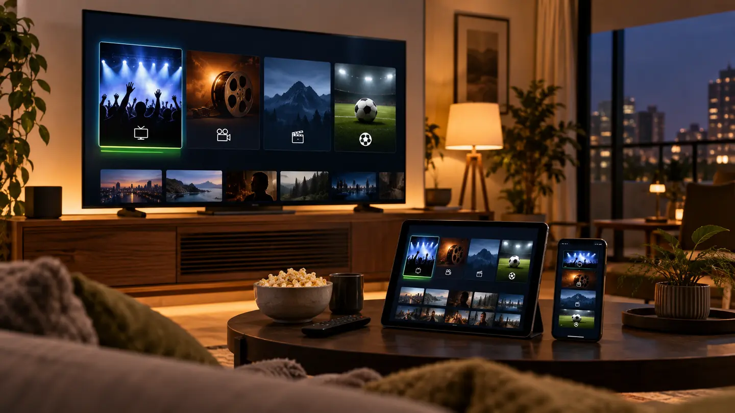 Televisão, tablet e celular exibindo categorias de conteúdo IPTV