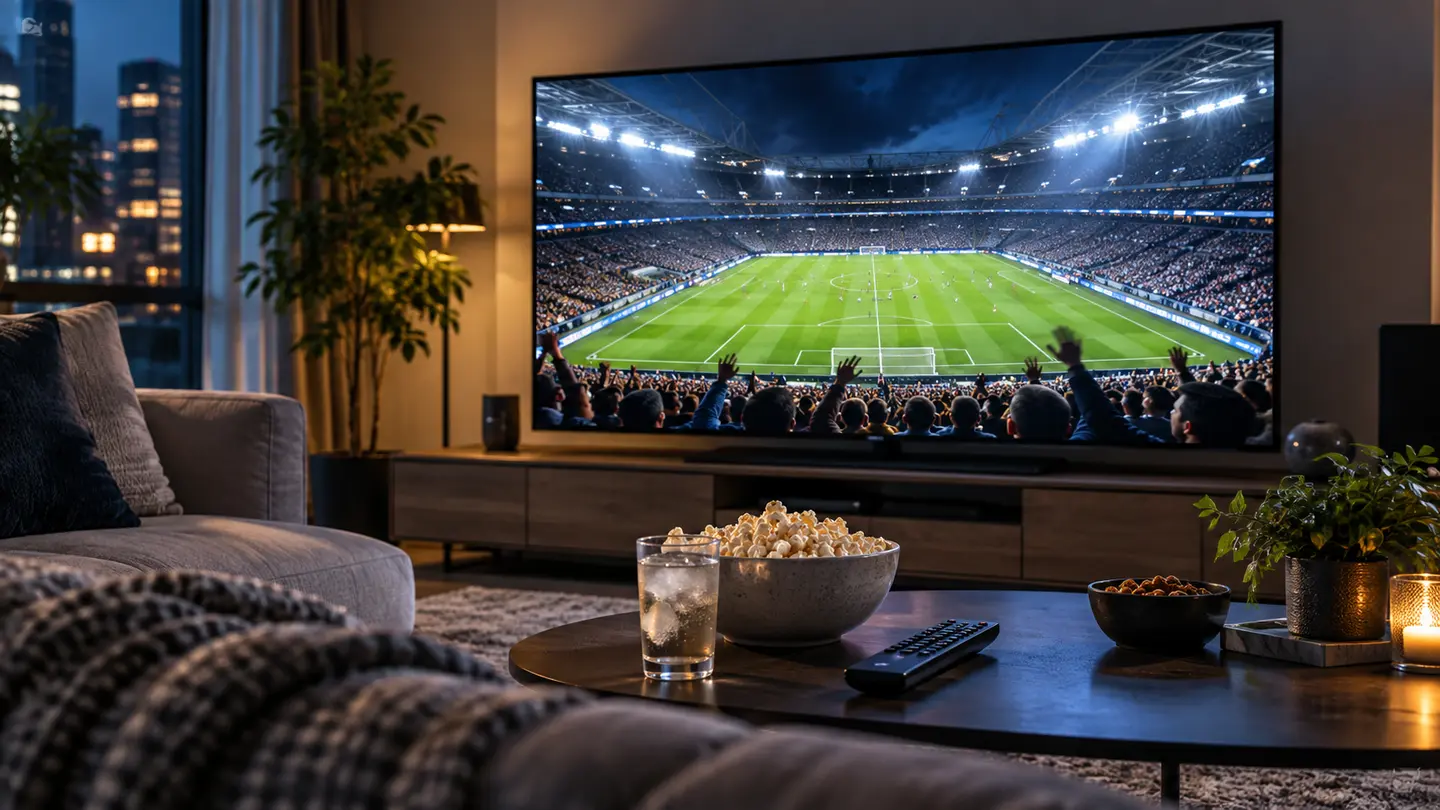 Televisão exibindo partida de futebol durante transmissão esportiva