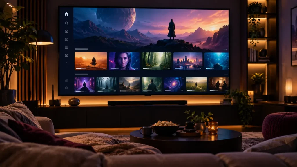 Televisão exibindo catálogo ilustrativo de filmes e séries IPTV