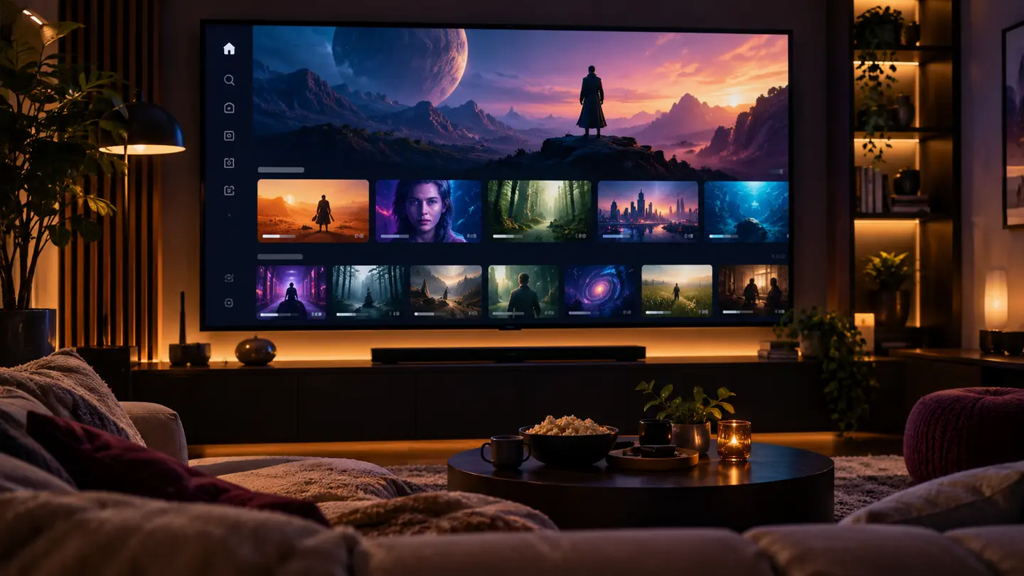 Televisão exibindo catálogo ilustrativo de filmes e séries IPTV