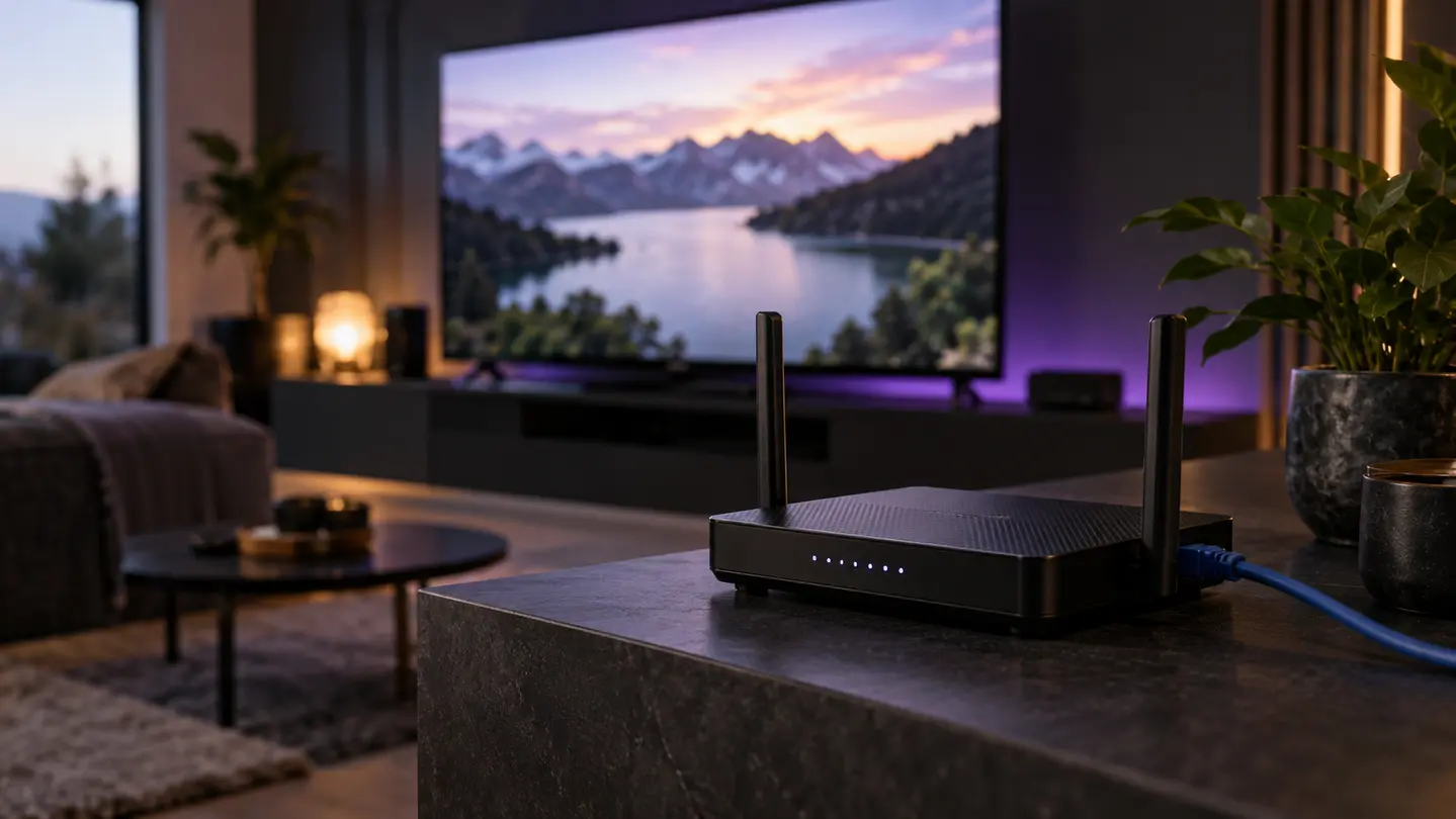Roteador Wi-Fi com cabo de rede e televisão ao fundo