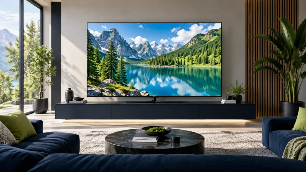 Televisão de alta definição exibindo paisagem com grande nível de detalhe