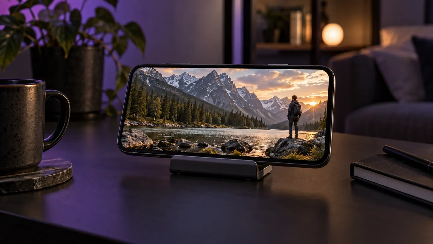 Celular na horizontal em um suporte exibindo um vídeo de paisagem