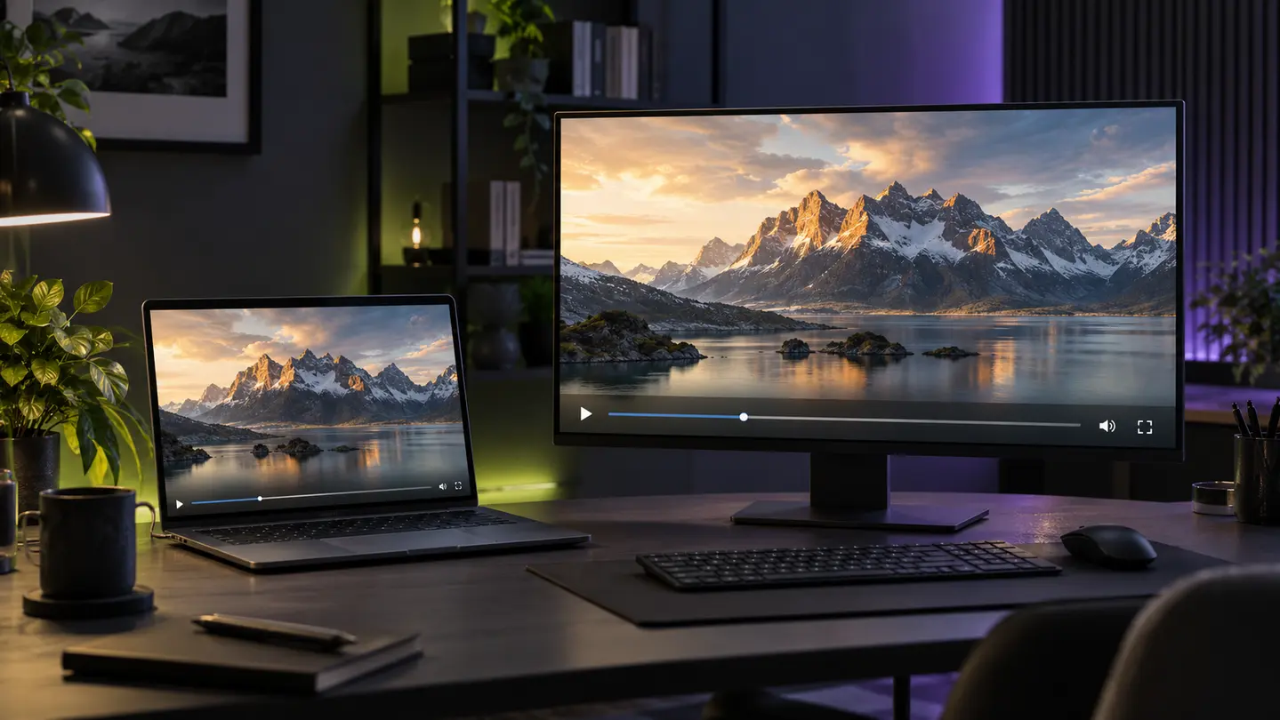 Notebook e monitor de computador reproduzindo o mesmo vídeo