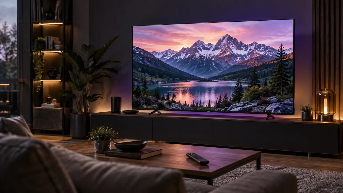 Smart TV exibindo uma paisagem de montanhas em uma sala com controle remoto sobre a mesa
