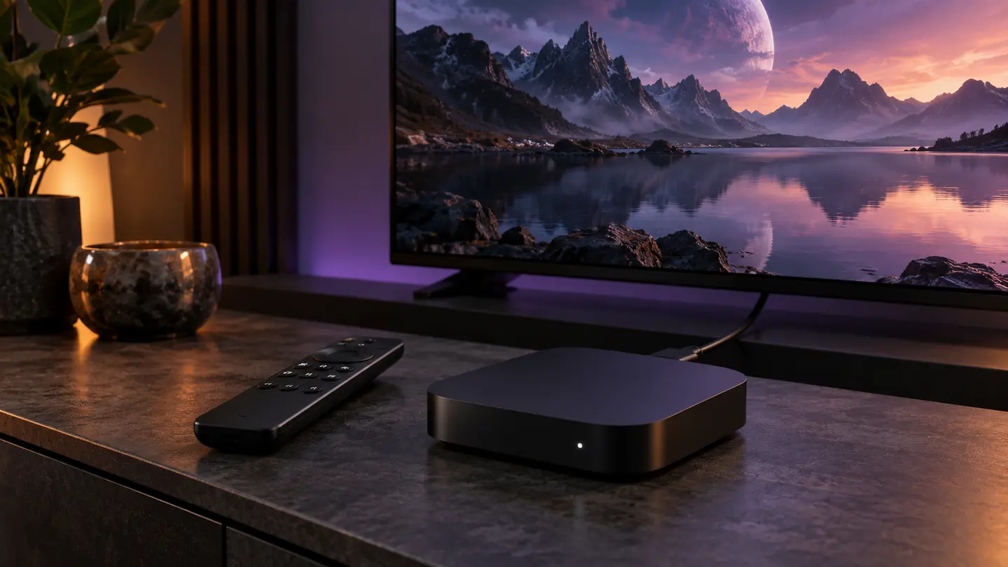 TV Box com controle remoto e cabo conectado à televisão